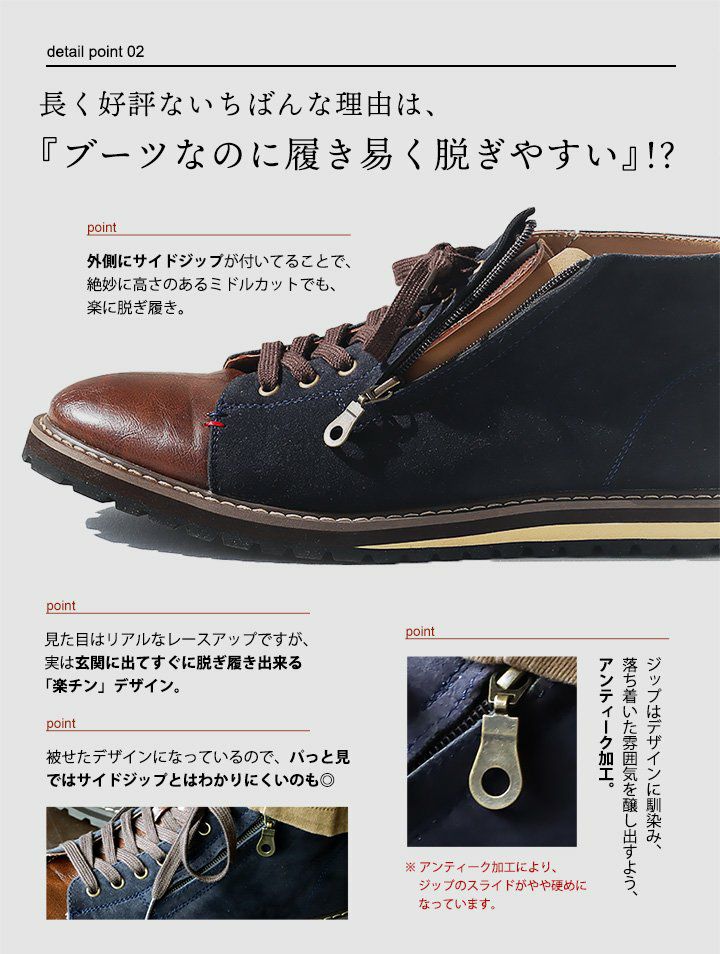 メンズ ブーツ サイドジップ ミドルカット PUレザー x PUスウェード