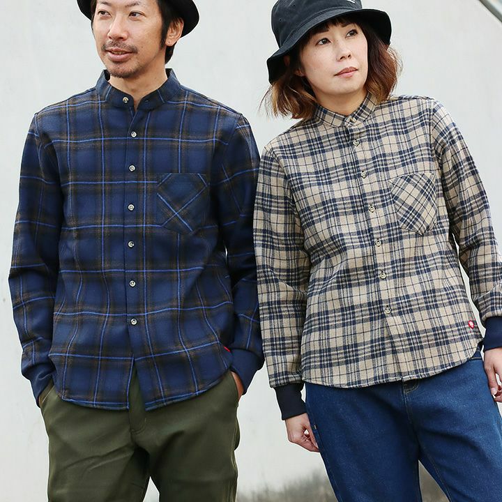 袖リブ シャツ 長袖 ネルシャツ バンドカラー メンズ レディース