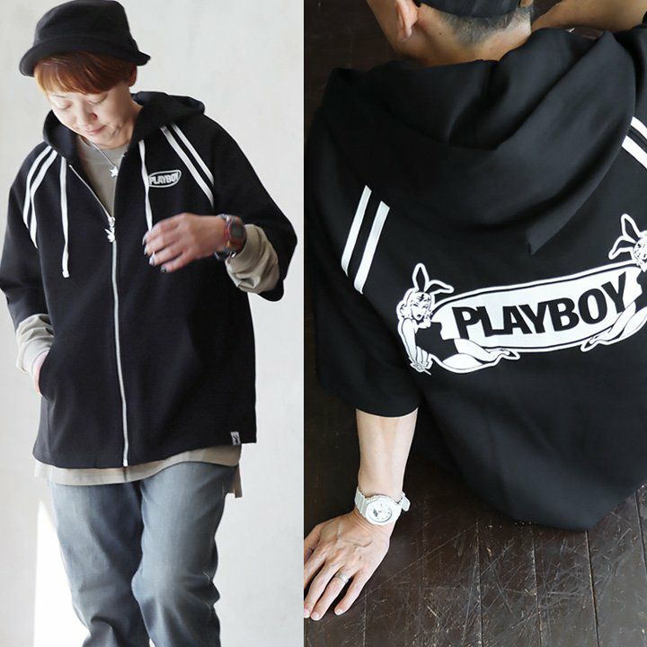 パーカー 5分袖 メンズ レディース フード付き バックプリント PLAYBOY