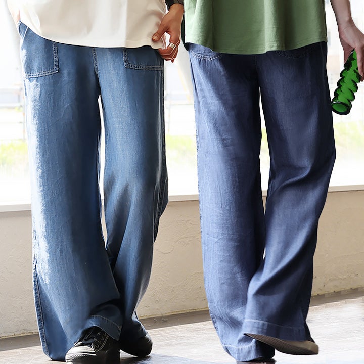 ワイド デニム パンツ レディース 脚長 ベイカー ストレート パンツ