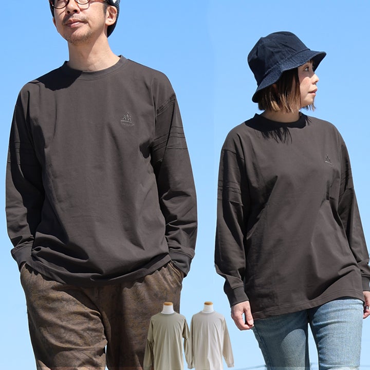 涼しい tシャツ 長袖 メンズ レディース ロングtシャツ ワイド すっきり 着痩せ 接触冷感 コットン ストレッチ 落ち感 お尻 体系 カバー 袖ライン 袖リブ ワンポイント 王冠 刺繍 長t カジュアル パティ Mr Lumberjack ミスターランバージャック