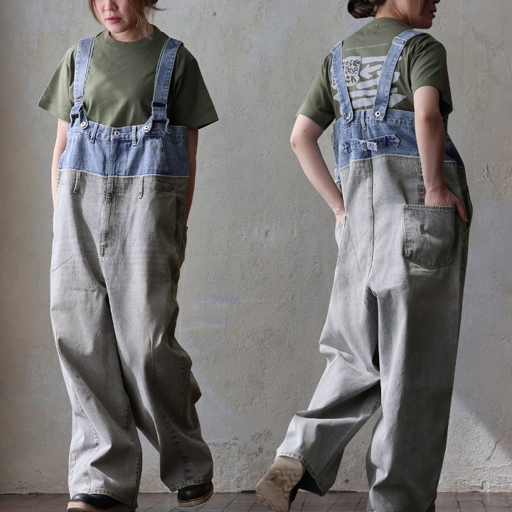 サロペット デニムパンツ ワイド レディース 綿100 コットン ノン