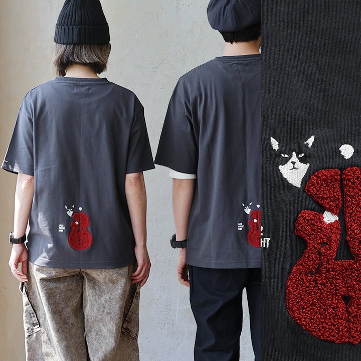 ハチワレネコ サガラ刺繍 半袖Tシャツ｜綿100％ しっかり丈夫・着痩せ