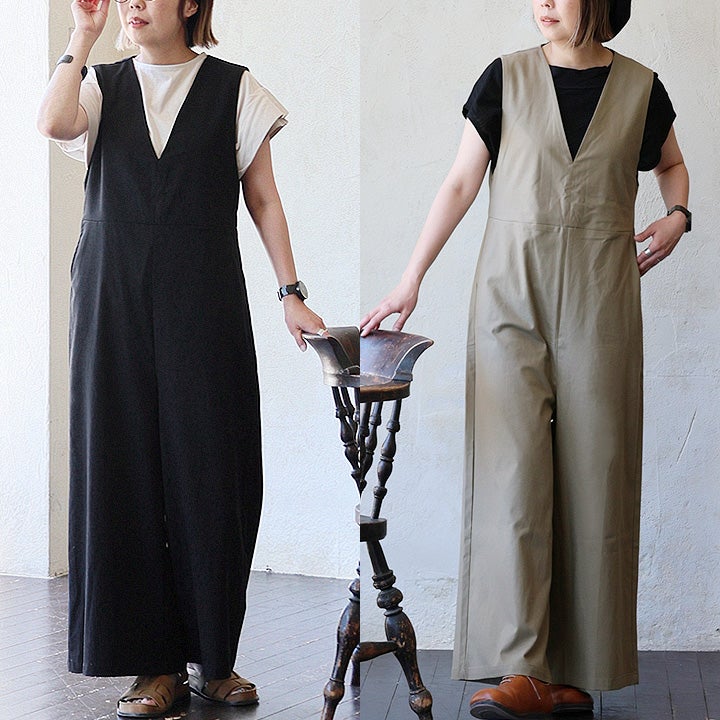 オールインワン ブラック ワイドパンツ オールインワン パンツ ワイド レディース Vネック 重ね着 綿麻 ドライ