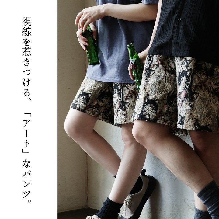 ショートパンツ パンツ メンズ レディース ゴブラン ネコ 猫 刺繍 総柄