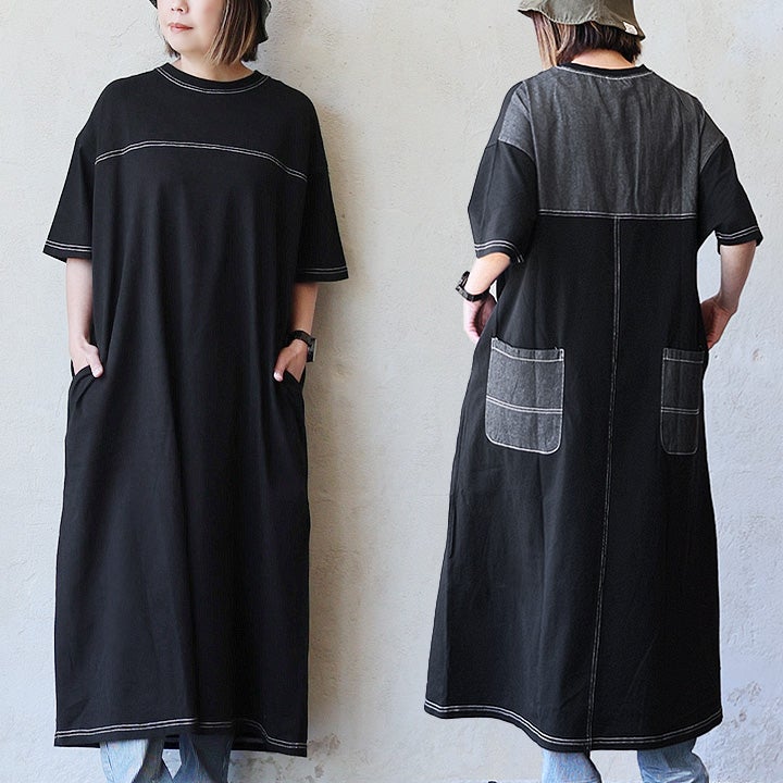 シャツワンピース 半袖 7分袖 ワイド 着痩せ 夏 薄手 麻 レーヨン混 スキッパー スタンドネック ポケット かっこいい レトロ クラシック ストライプ 大人 カジュアル パティ SAIL セイル