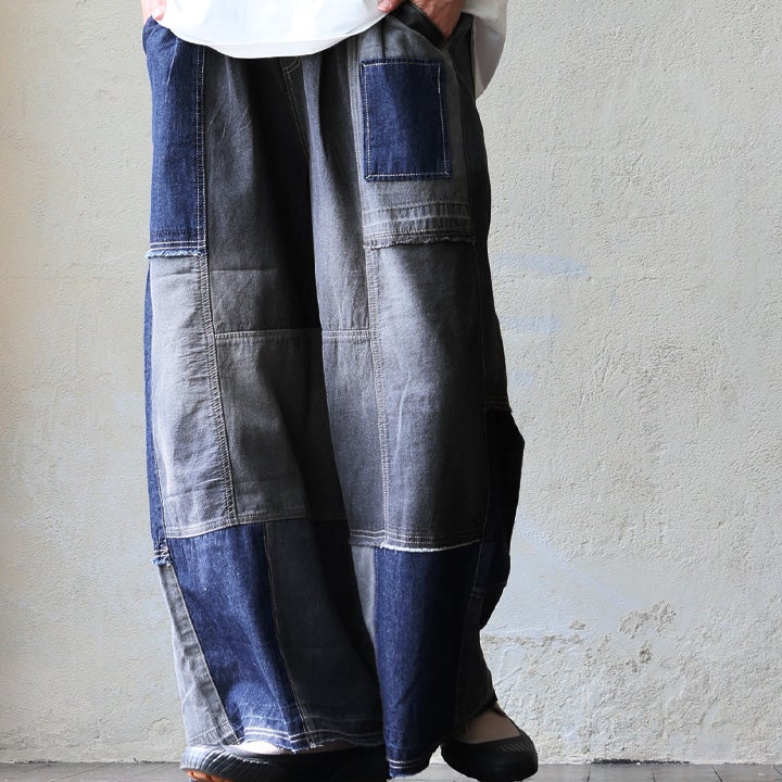 デニムパンツ ストレート ワイド レディース リメイク風 パッチワーク