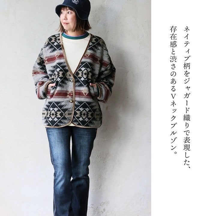 ブルゾン 長袖 レディース Vネック ネイティブ柄 総柄 フリース